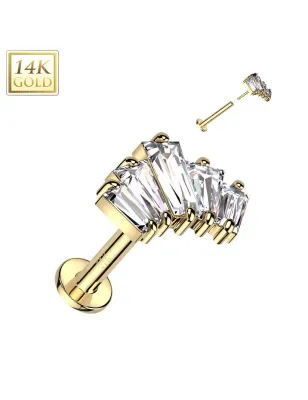 Piercing labret oreille or jaune 14 carats éventail baguettes