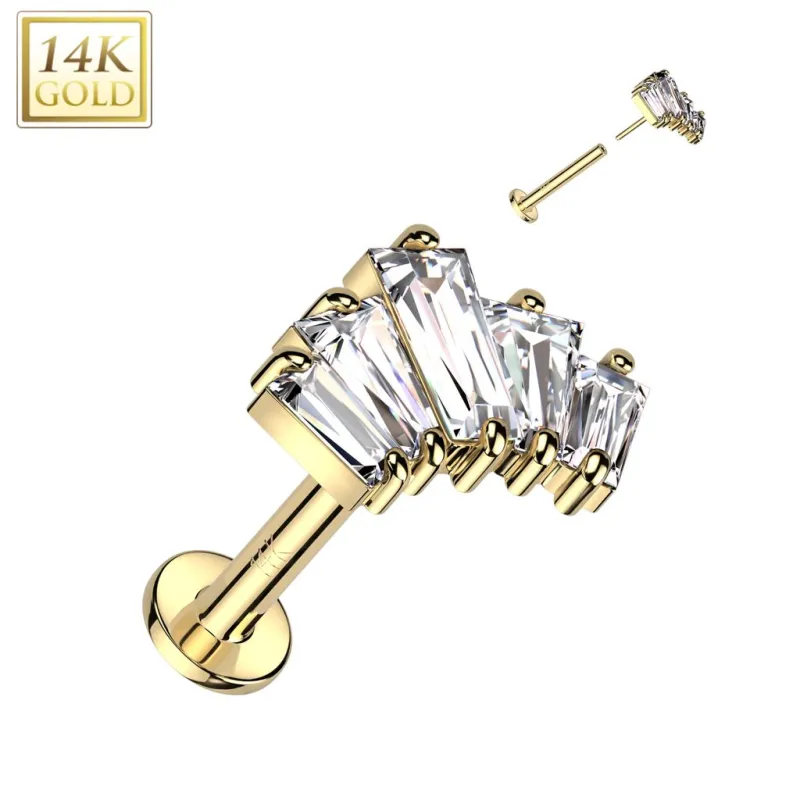 Piercing labret oreille or jaune 14 carats éventail baguettes