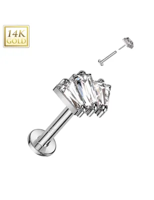 Piercing labret oreille or blanc 14 carats trois baguettes