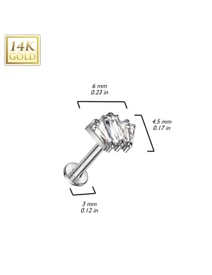 Piercing labret oreille or blanc 14 carats trois baguettes