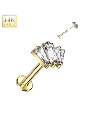 Piercing labret oreille or jaune 14 carats trois baguettes