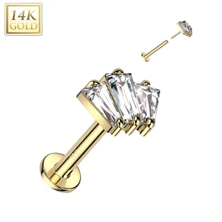 Piercing labret oreille or jaune 14 carats trois baguettes