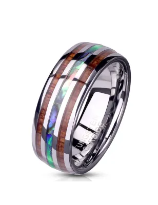 Bague homme tungstène nacre abalone et bois