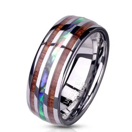 Bague homme tungstène nacre abalone et bois