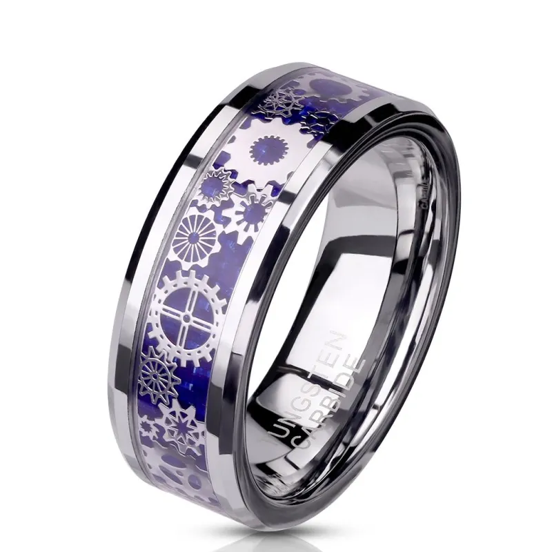 Bague homme tungstène steampunk fibre de carbone bleue