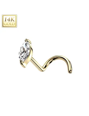 Piercing nez or jaune 14 carats tige tire-bouchon marquise