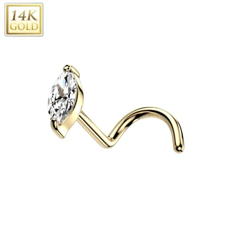 Piercing nez or jaune 14 carats tige tire-bouchon marquise