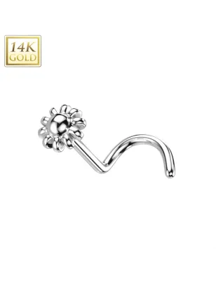 Piercing nez or blanc 14 carats tige tire-bouchon fleur