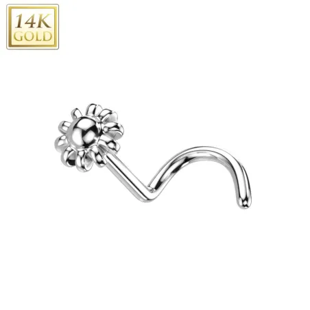 Piercing nez or blanc 14 carats tige tire-bouchon fleur