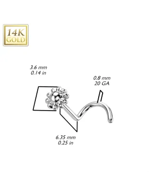 Piercing nez or blanc 14 carats tige tire-bouchon fleur