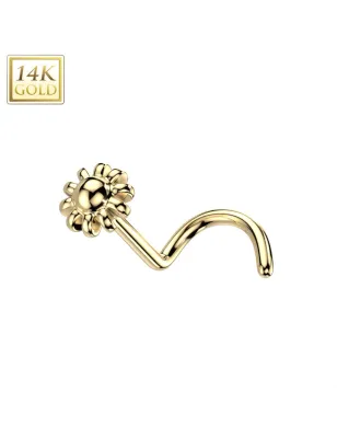 Piercing nez or jaune 14 carats tige tire-bouchon fleur