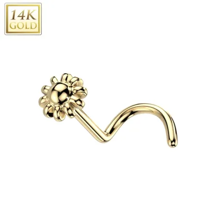 Piercing nez or jaune 14 carats tige tire-bouchon fleur