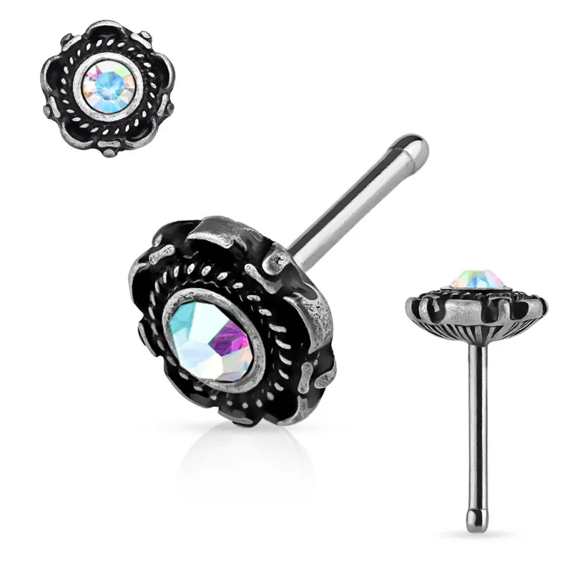 Piercing nez tige droite motif floral aurore boréale