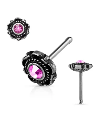 Piercing nez tige droite motif floral rose