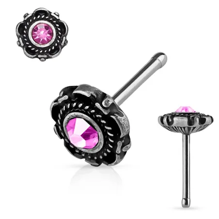 Piercing nez tige droite motif floral rose