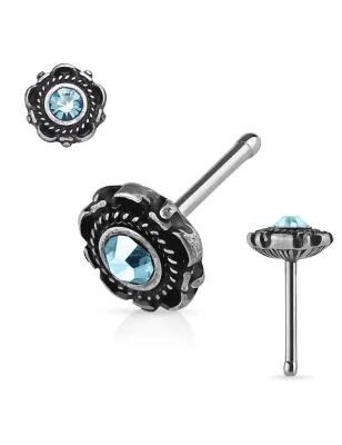 Piercing nez tige droite motif floral turquoise