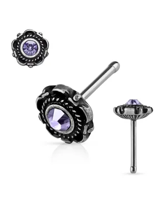 Piercing nez tige droite motif floral tanzanite