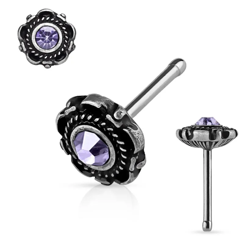 Piercing nez tige droite motif floral tanzanite