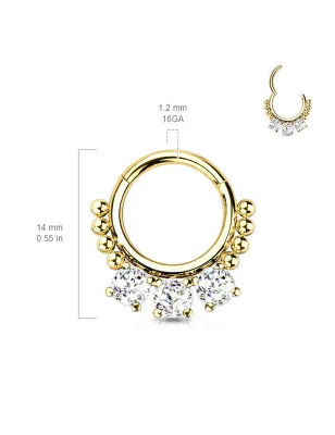 Piercing anneau segment acier doré zircon et perles