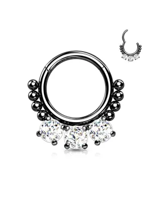 Piercing anneau segment acier noir zircon et perles