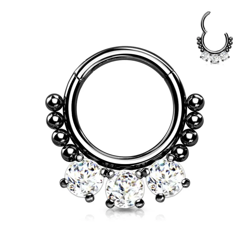 Piercing anneau segment acier noir zircon et perles (oreille, daith, septum)