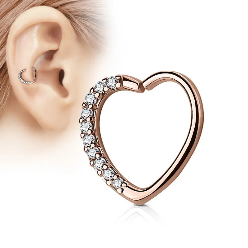 Piercing oreille cartilage daith coeur strass plaqué or rose