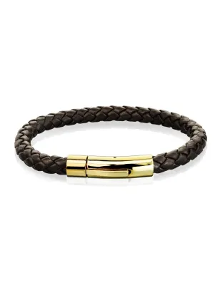 Bracelet homme cuir tressé marron fermoir doré