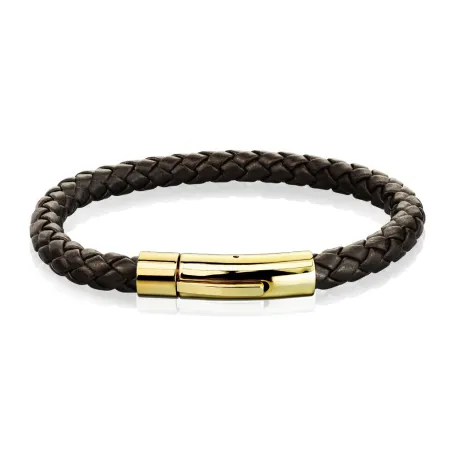 Bracelet homme cuir tressé marron fermoir doré