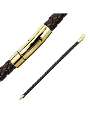 Bracelet homme cuir tressé marron fermoir doré