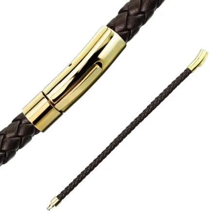 Bracelet homme cuir tressé marron fermoir doré