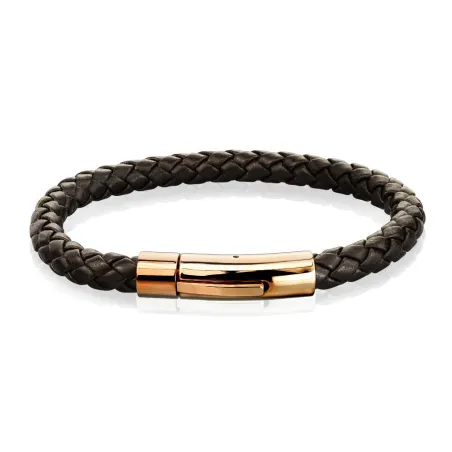 Bracelet homme cuir tressé marron fermoir rosé