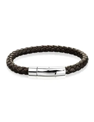 Bracelet homme cuir tressé marron fermoir argenté