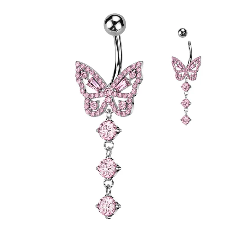 Piercing nombril papillon multiples strass rose