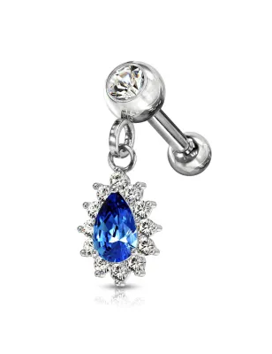 Piercing cartilage oreille pendentif poire strass bleu