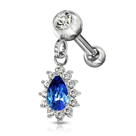 Piercing cartilage oreille pendentif poire strass bleu