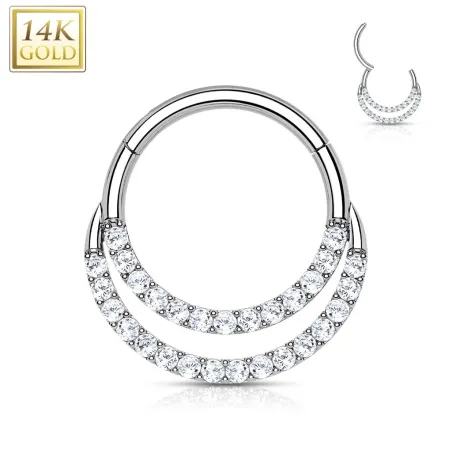 Piercing anneau or blanc 14 carats septum daith double ligne pavée