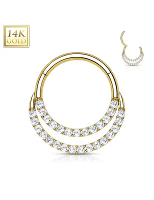 Piercing anneau or jaune 14 carats septum daith double ligne pavée