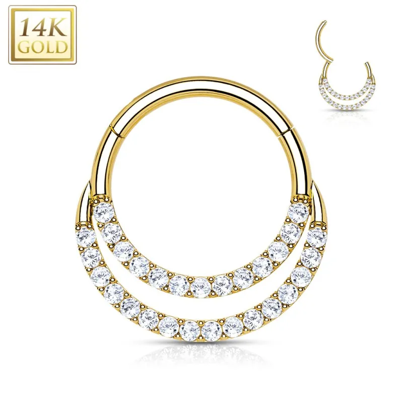 Piercing oreille anneau or jaune 14 carats septum daith double ligne pavée