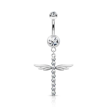 Piercing nombril pendentif croix ailée pavée de strass