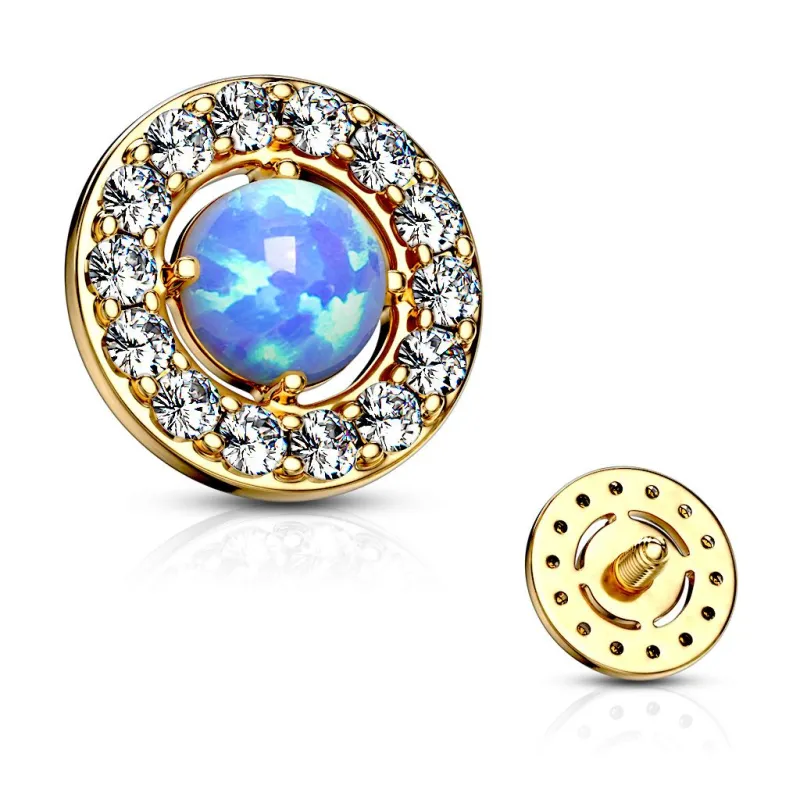 Piercing microdermal doré opalite bleue entourée de strass