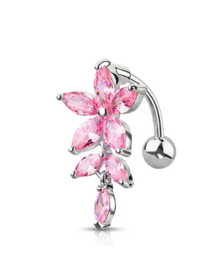 Piercing nombril inversé fleur pierres marquise rose