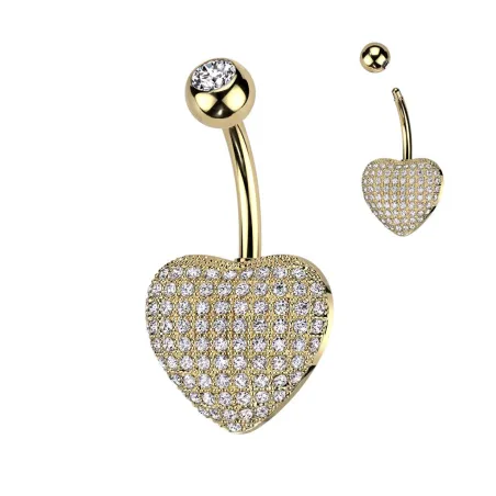 Piercing nombril doré coeur relief pavé de strass