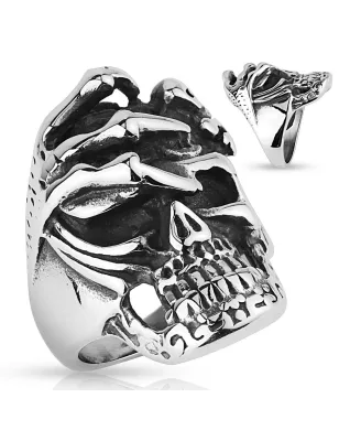 Bague homme biker crâne avec main