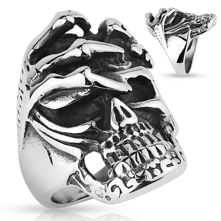 Bague homme biker crâne avec main