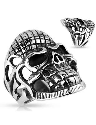 Bague homme biker crâne avec quadrillage