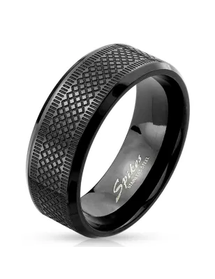 Bague homme acier noir rainures carreaux