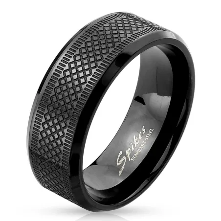 Bague homme acier noir rainures carreaux