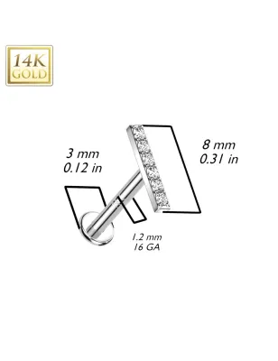 Piercing labret oreille or blanc 14 carats vissage interne barre pavée