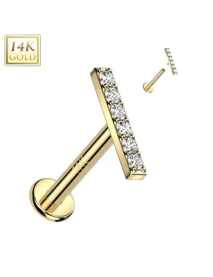 Piercing labret oreille or jaune 14 carats vissage interne barre pavée