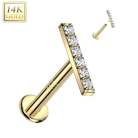 Piercing labret oreille or jaune 14 carats vissage interne barre pavée